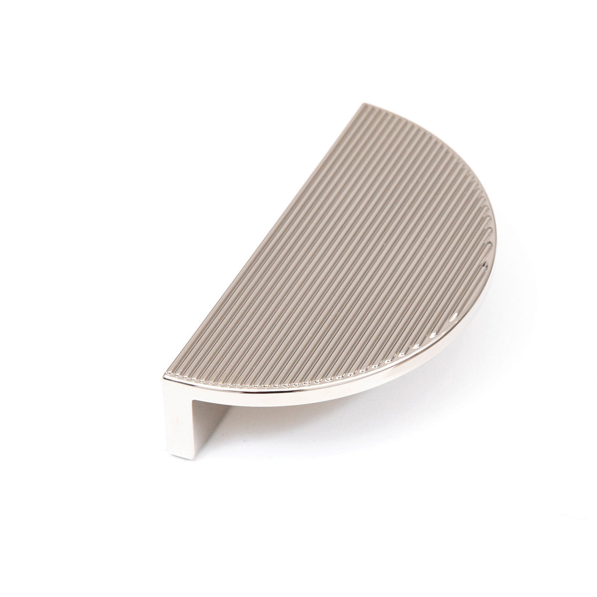 Momo Barrington Eclipse ribbed cabinet pull handle in polished nickel finish, mounted on a cabinet door.