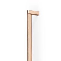 Momo Brooklyn Big D cabinet pull handle in brushed brass finish, modern hardware for kitchen or furniture drawers.