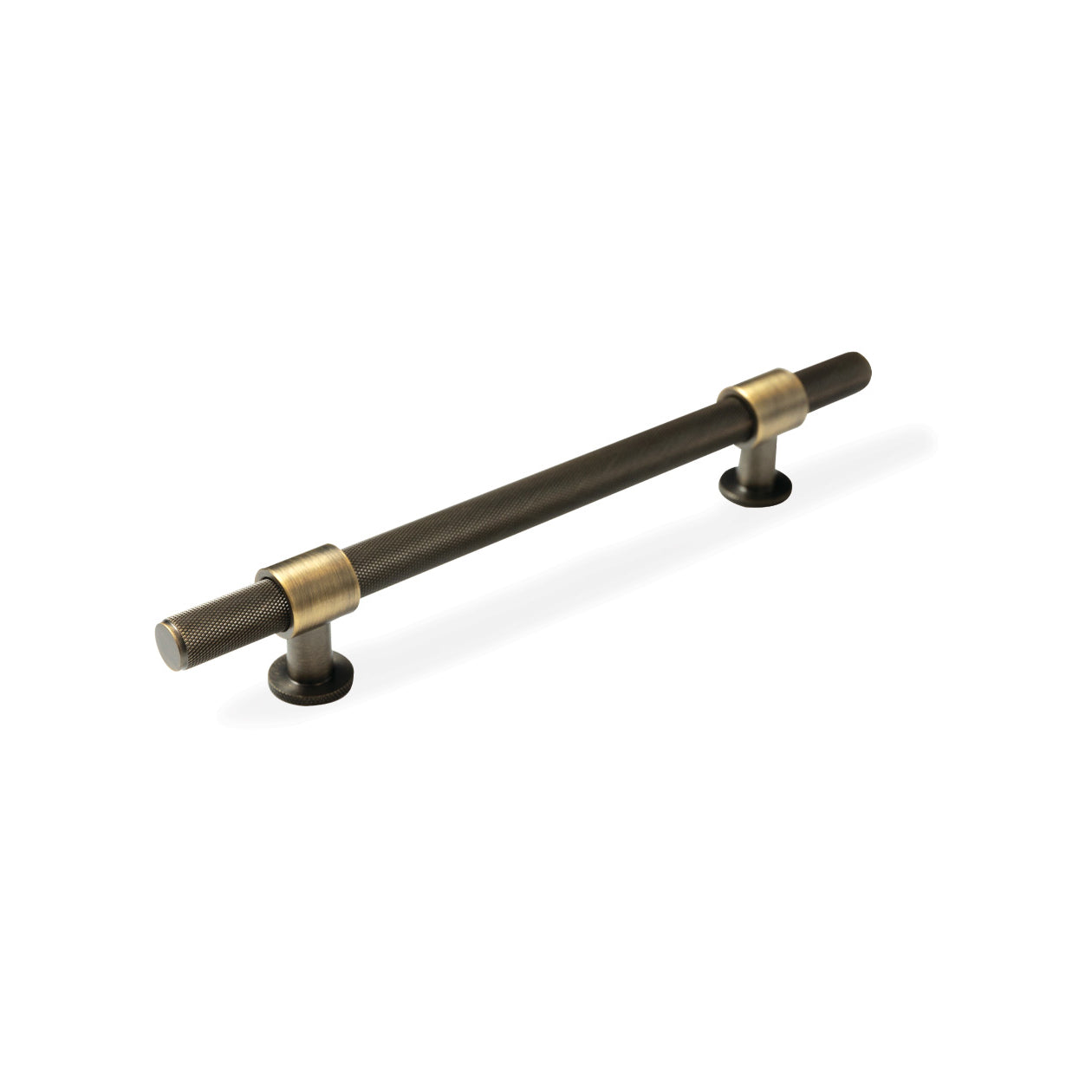 Momo BELGRAVIA knurled cabinet pull handle in dark bronze finish, showcasing textured metal design and mounting hardware.