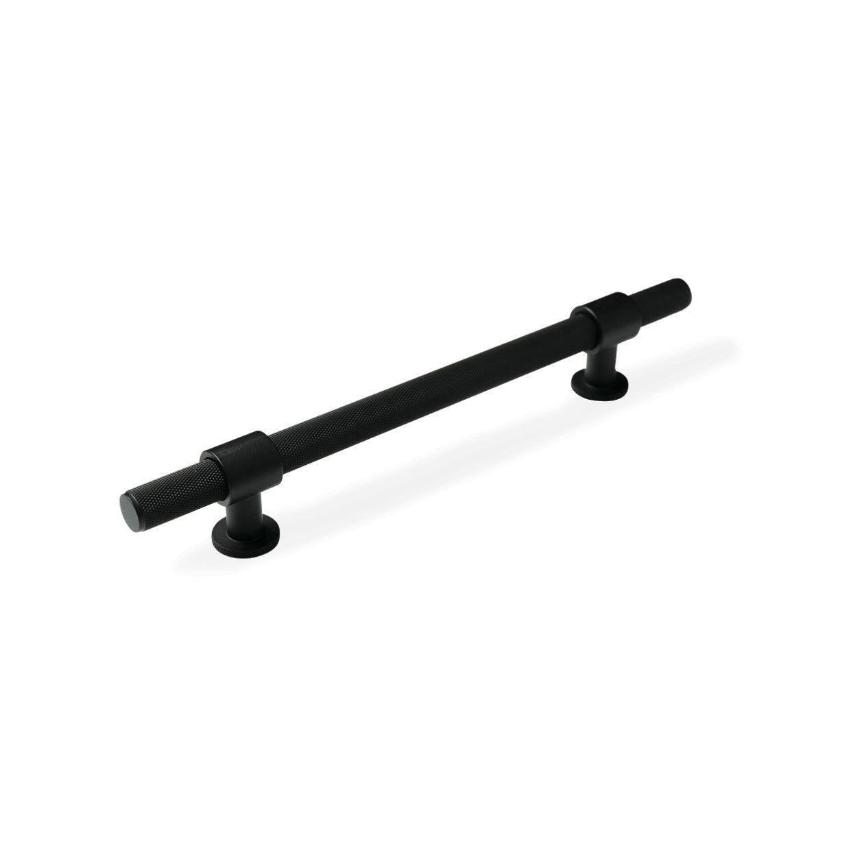 Momo BELGRAVIA knurled cabinet pull handle in matte black finish, shown on a wooden cabinet door.