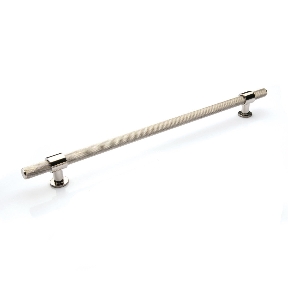 Momo Belgravia knurled cabinet pull handle in polished nickel finish mounted on a cabinet door.