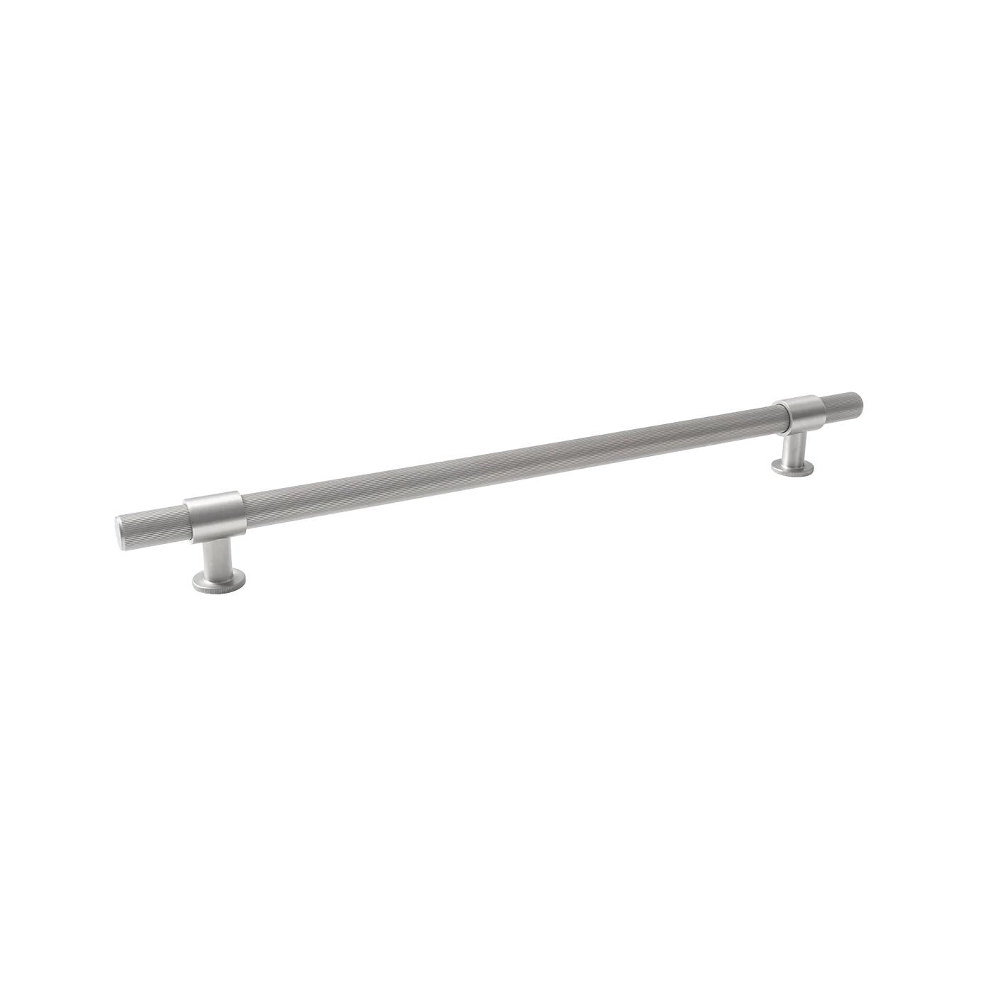 Momo BELGRAVIA 520mm back-to-back lined entry pull handle, polished steel finish, mounted on a door for secure access.
