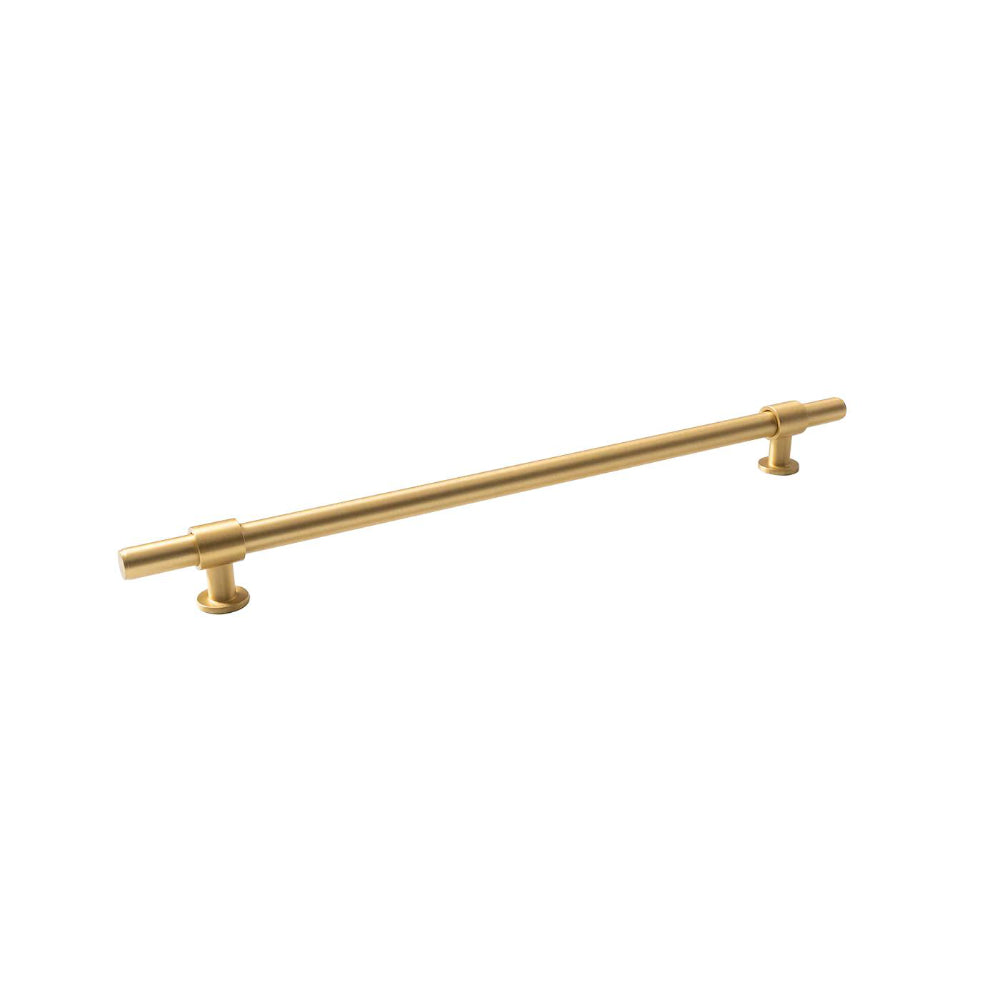 Momo Belgravia plain cabinet pull handle in black satin finish, mounted on a wooden cabinet door, showcasing sleek modern design.