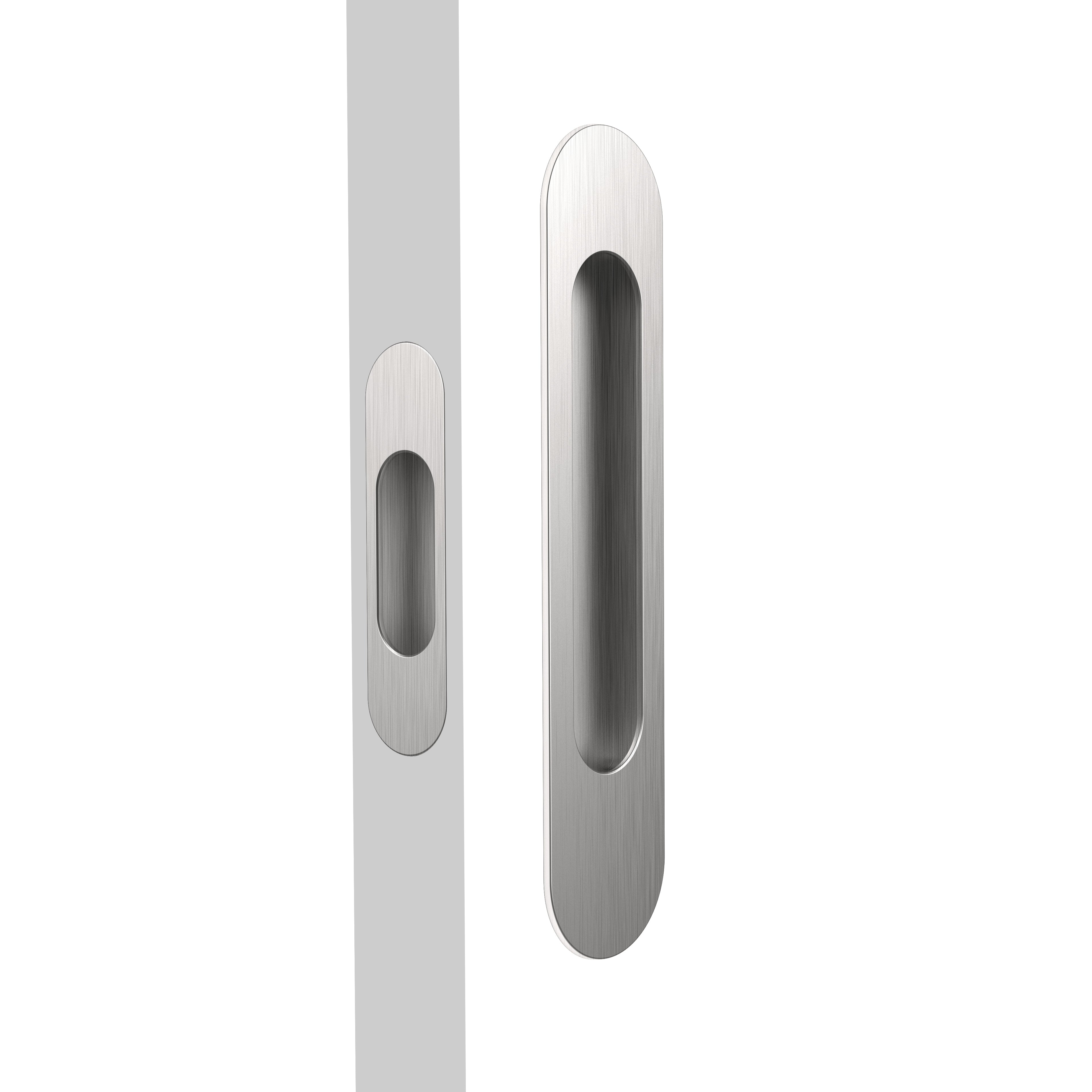 Mardeco Radius Flush Pull Set inc End Pull. Flush Pull H203mm x W45mm x D13mm, Face 2mm. End Pull H96mm x W26mm, Face 2mm in Brushed Nickel