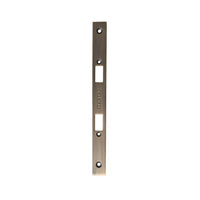 Momo mortice lock forend plate in dark bronze finish, showing the rectangular metal hardware with screw holes for installation.