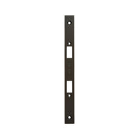 Momo mortice lock forend plate in polished steel, showing its sleek design and mounting details.