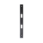 Momo mortice lock forend plate in matte black, showing a close-up of the metal plate with screw holes for door installation.