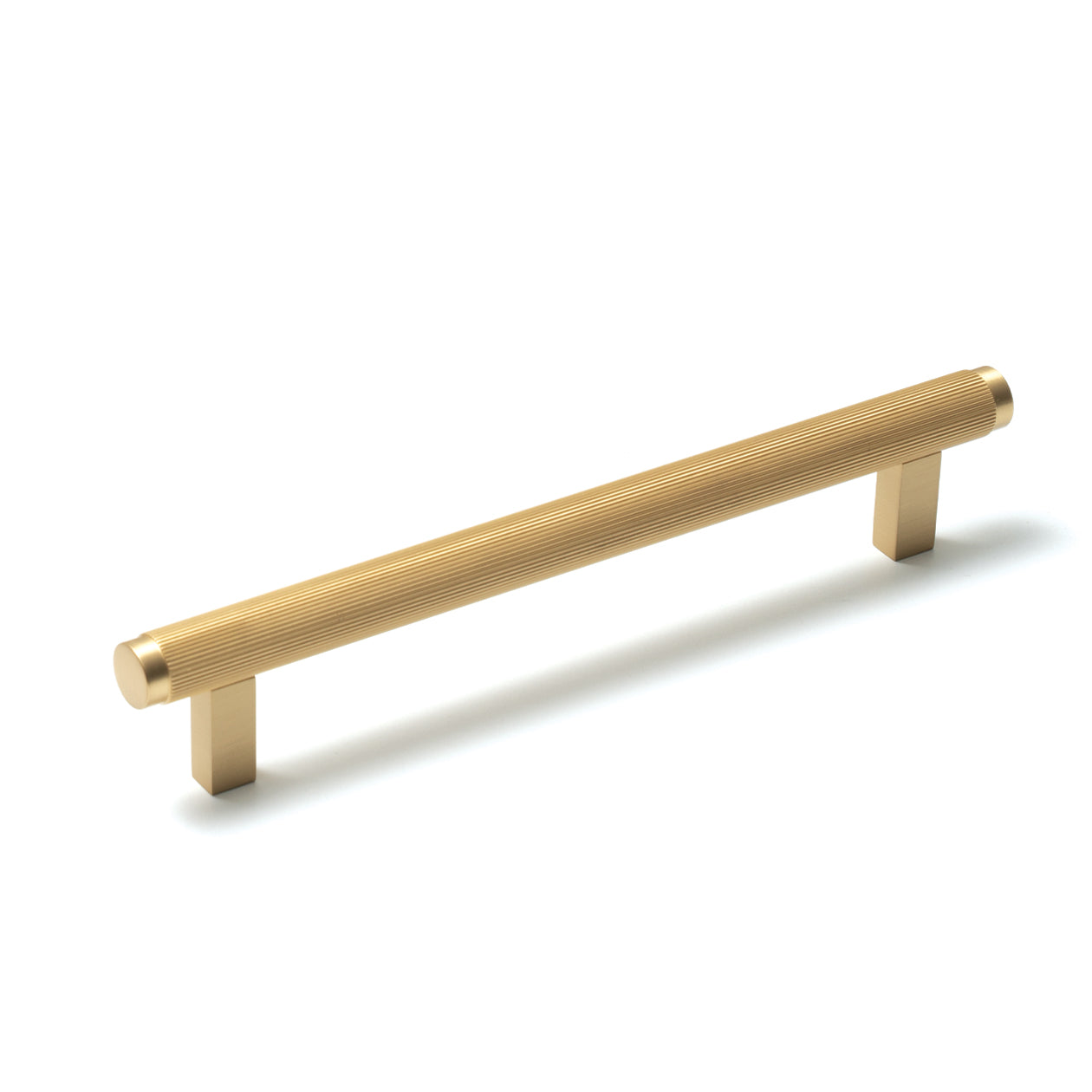 Momo Bellevue lined cabinet pull handle in black with brass accents, mounted on a cabinet door.