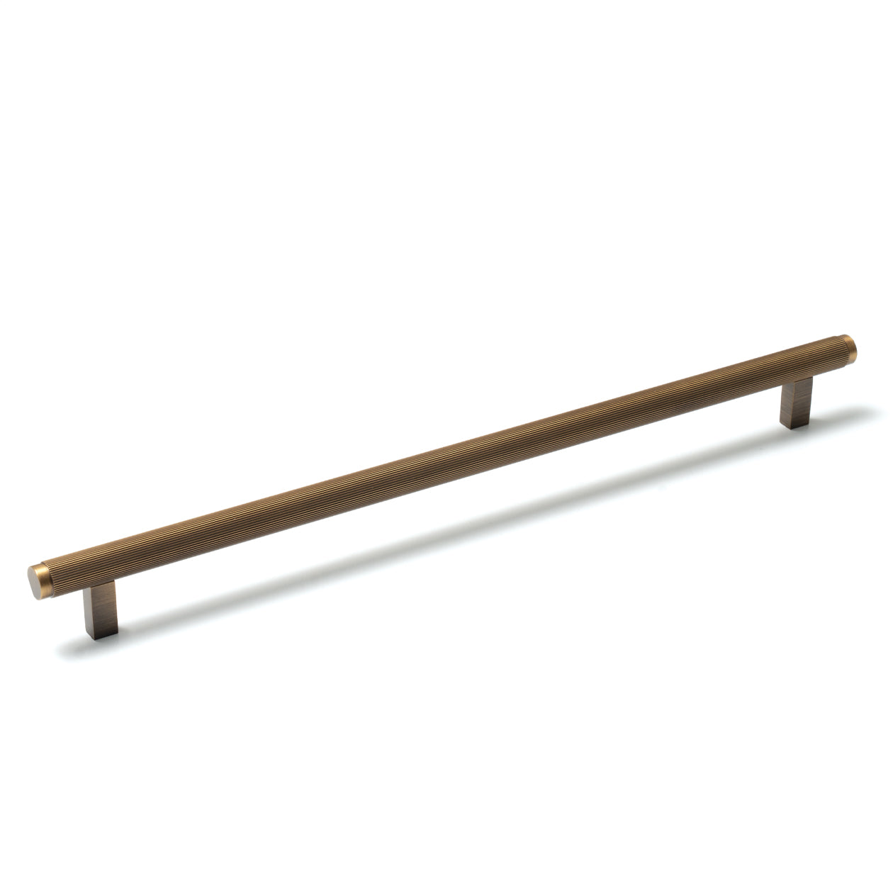 Momo Bellevue lined cabinet pull handle with brass finish, mounted on a cabinet door for a stylish, functional hardware accent.