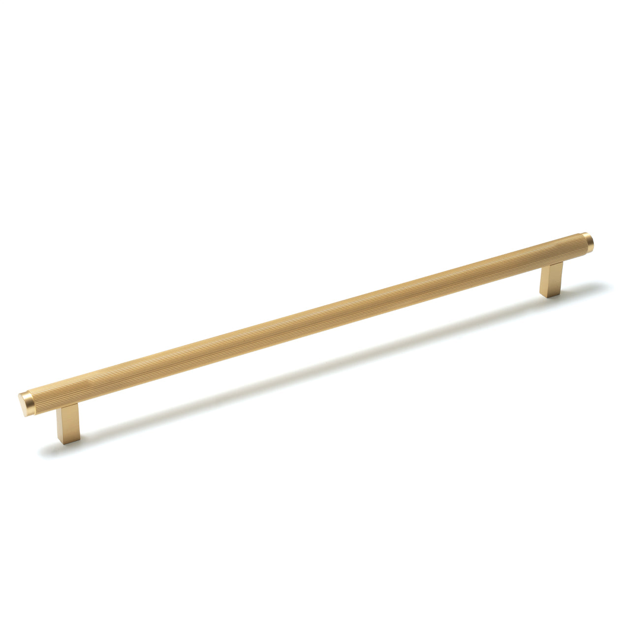 Momo BELLEVUE lined cabinet pull handle in brushed satin finish, mounted on a cabinet door for a modern, sleek look.