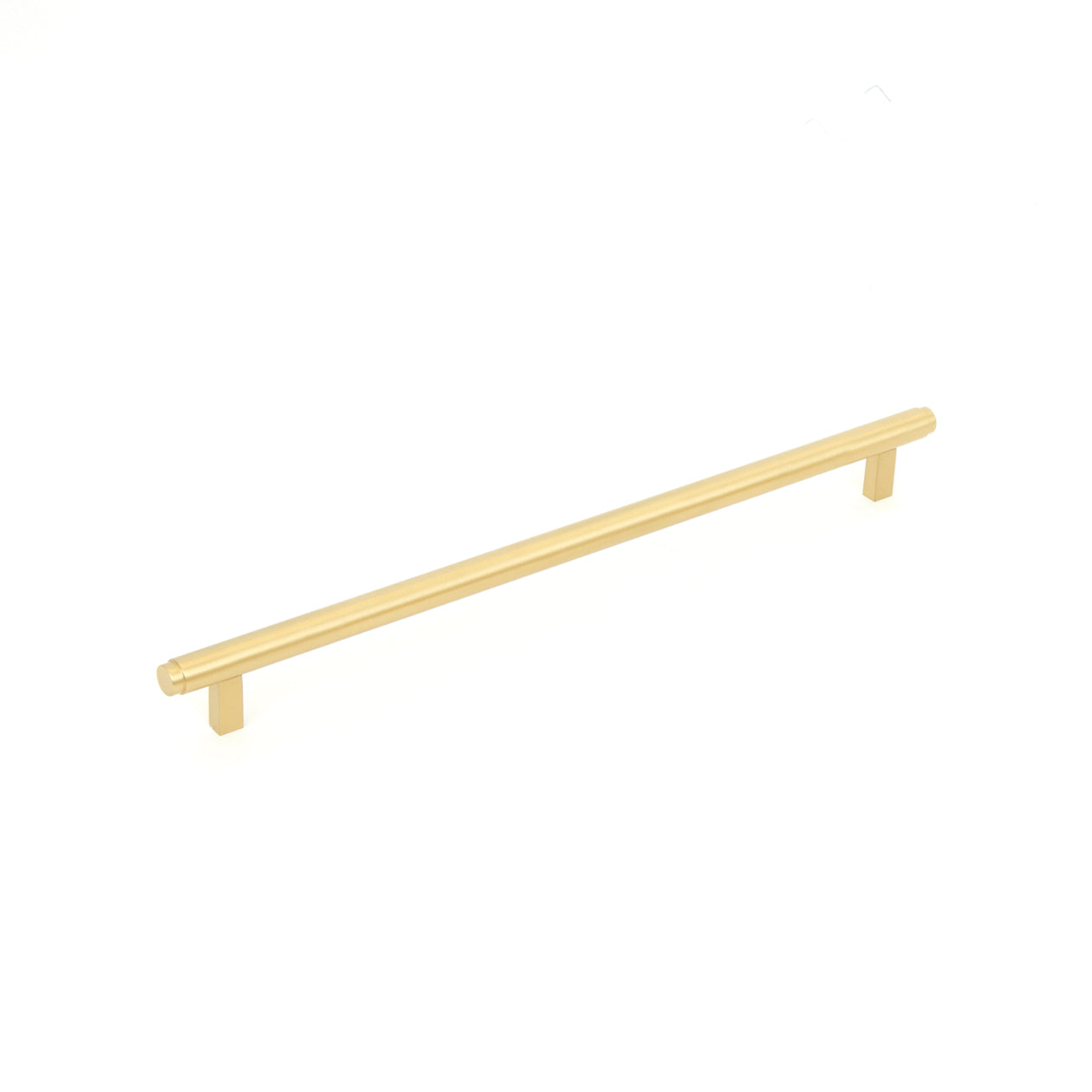 Momo Bellevue plain cabinet pull handle in brushed satin black finish, mounted on a cabinet door, showcasing sleek and modern design.