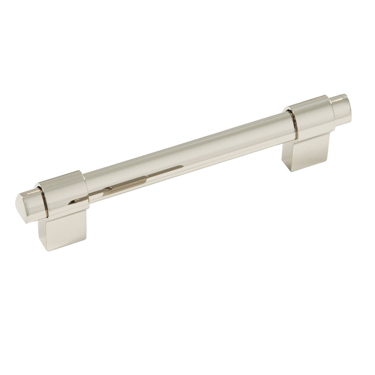 Momo CASPER cabinet pull handle in polished nickel finish, showing sleek, modern design on a wooden cabinet.