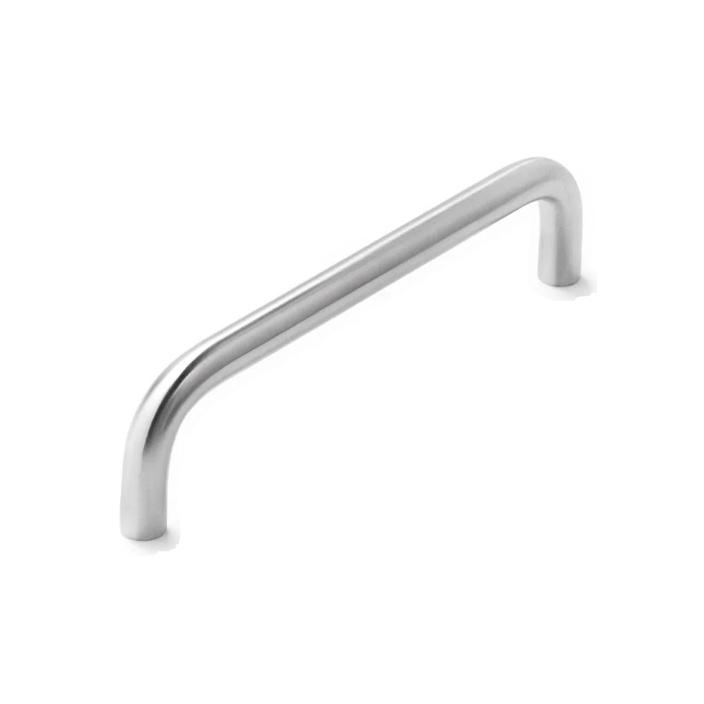 Castella Stream Appliance Pull Handle in brushed metal finish, shown mounted on a modern kitchen cabinet door.