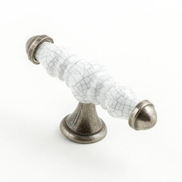 Castella Estate T Cabinet Knob in White Crackle/Pewter