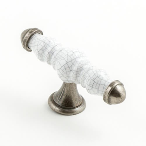 Castella Estate T Cabinet Knob in White Crackle/Pewter