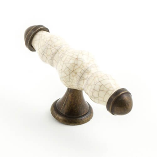 Castella Estate T Cabinet Knob in Cream Crackle/Antique Brass