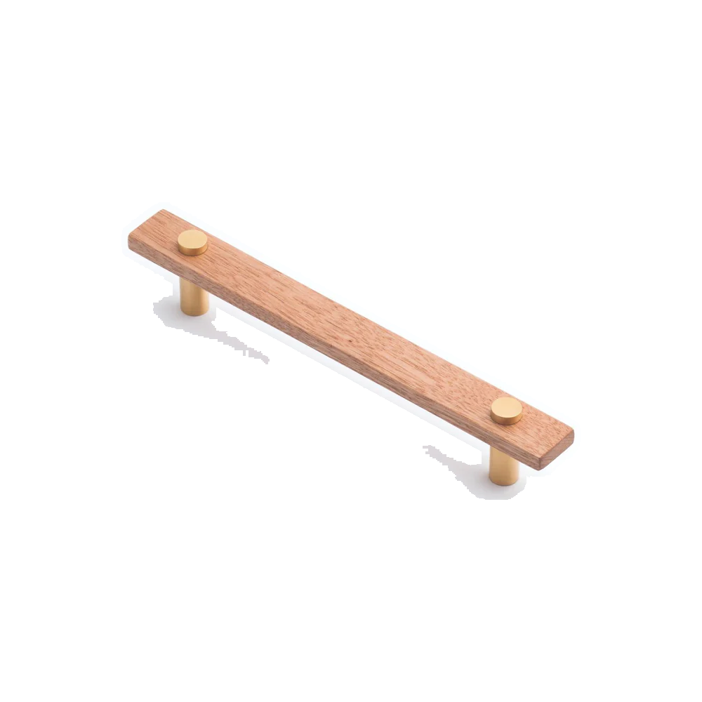 Lenah 160mm Cabinet Handle - Tasmanian Oak - Face Caps - Satin Brass in Tasmanian Oak / Satin Brass