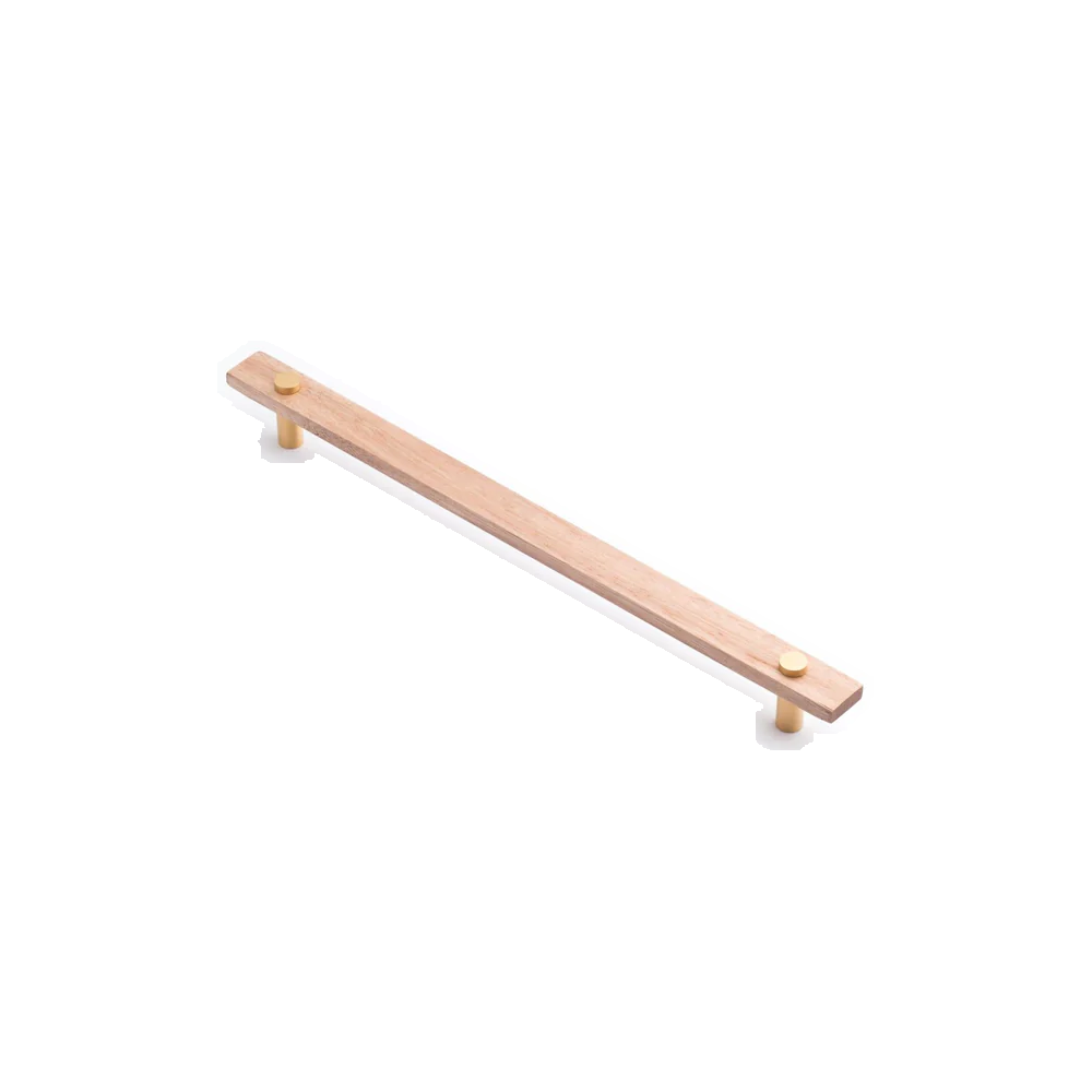 Lenah 288mm Cabinet Handle - Tasmanian Oak - Face Caps - Satin Brass in Tasmanian Oak / Satin Brass