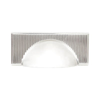 Momo Barrington Cup Pull handle in nickel finish, showing a close-up of the decorative, curved cabinet hardware.