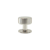 Momo Belgravia knurled cabinet knob in polished nickel finish, showing textured surface and modern design for furniture hardware.