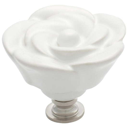 Cupboard Knob White Porcelain Flower Chrome Plated D50xP36mm in Porcelain