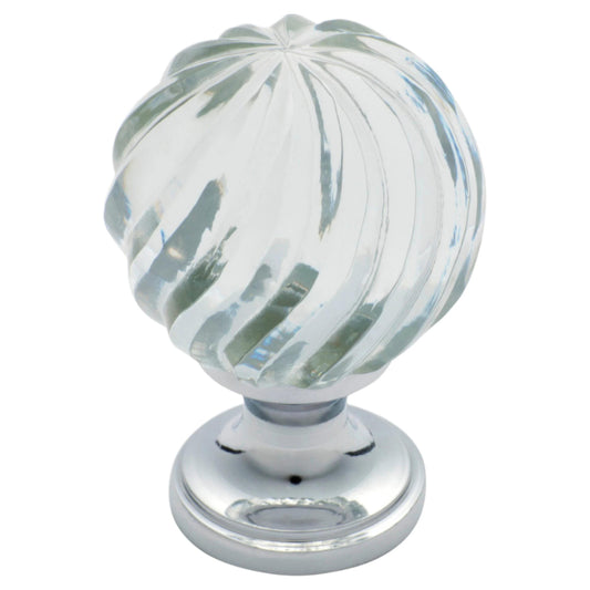 Cupboard Knob Fluted Swirl Glass Chrome Plated D38xP57mm BP24mm in Chrome Plated