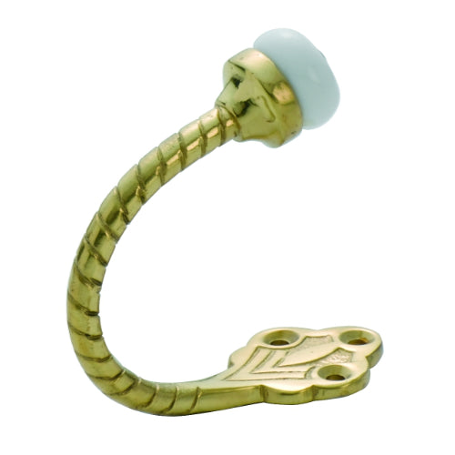 Robe Hook Porcelain Tip Rope Polished Brass H60xP75mm in Polished Brass