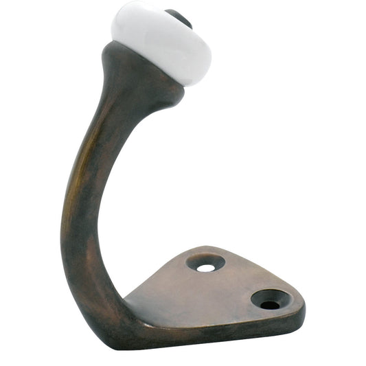 Robe Hook Porcelain Tip Antique Brass H45xP70mm in Antique Brass