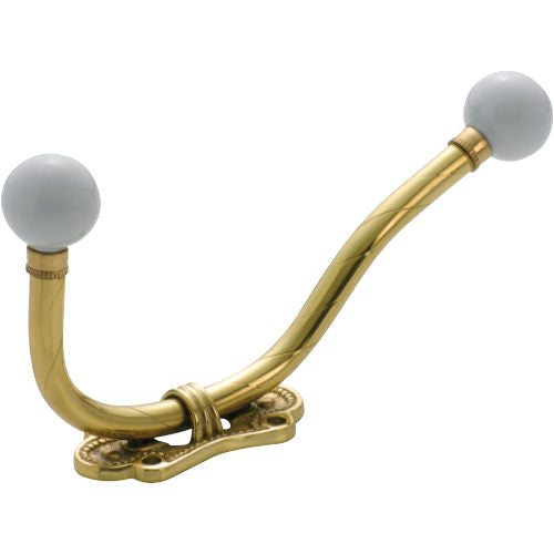 Hat & Coat Hook Porcelain Tip Traditional Polished Brass H175xP85mm in Polished Brass
