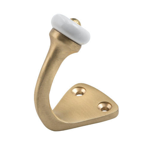 Robe Hook Porcelain Tip Satin Brass H45xP70mm in Satin Brass