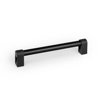 Momo CASEY D cabinet pull handle in black finish attached to a cabinet door with visible mounting hardware