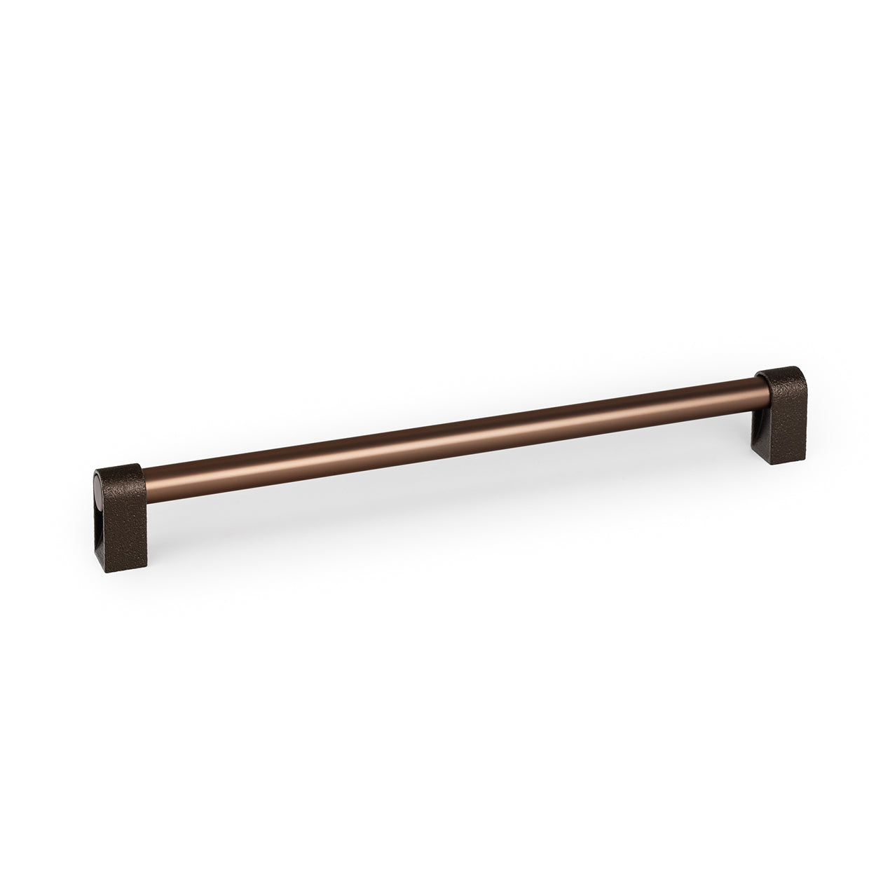 Momo CASEY D cabinet pull handle in bronze finish, sleek and modern drawer or cabinet handle, mounted on a wooden surface