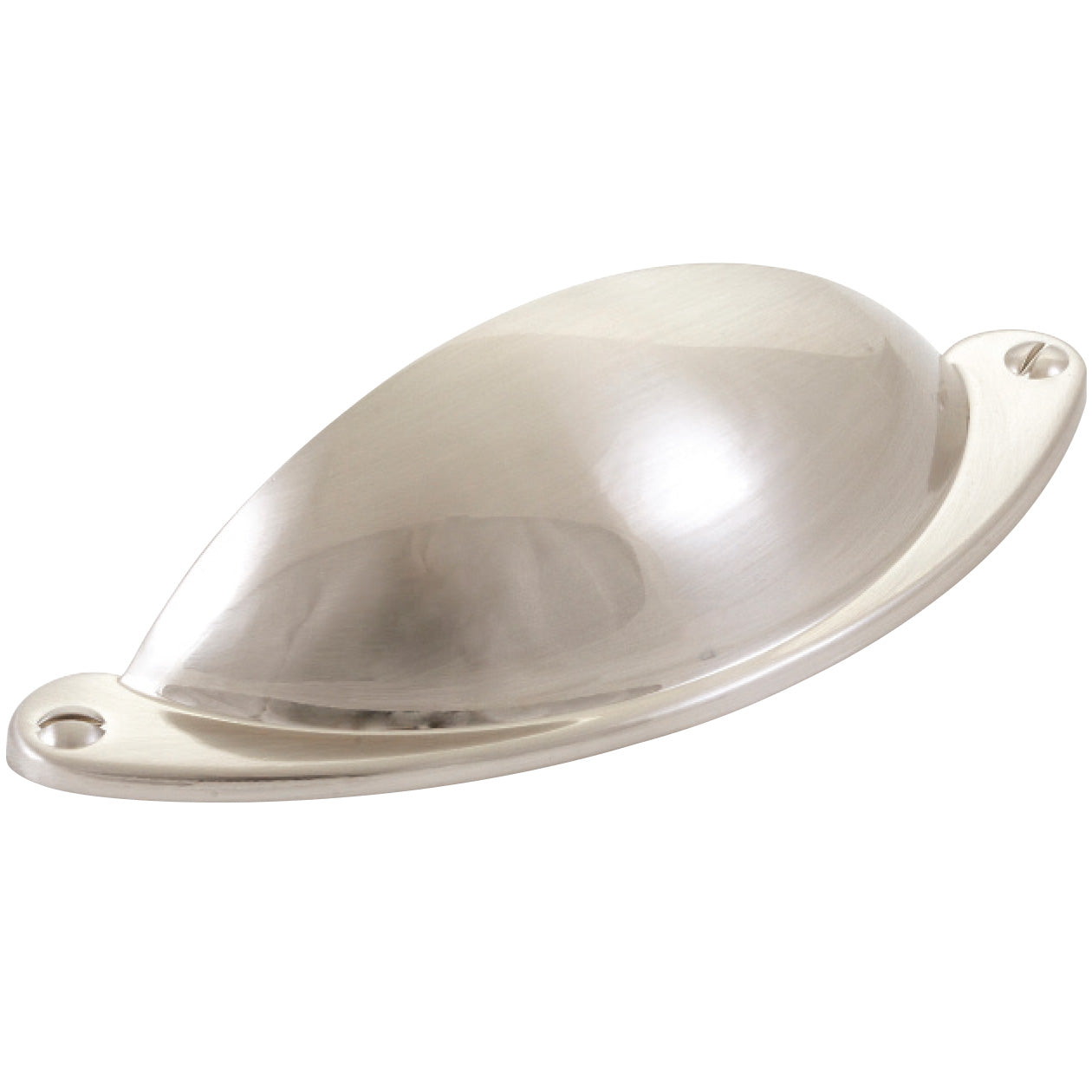 Brass Momo FLORENCIA Cup Pull handle with a polished finish, mounted on a wooden surface for furniture or cabinetry.
