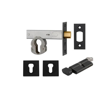 Mortice Deadbolt Euro Matt Black Backset 60mm Key/Thumb Escutcheon Square Kit in Matt Black