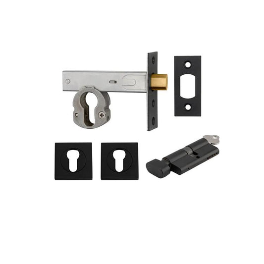 Mortice Deadbolt Euro Matt Black Backset 60mm Key/Thumb Escutcheon Square Kit in Matt Black