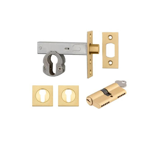 Mortice Deadbolt Euro Brushed Brass Backset 60mm Key/Key Escutcheon Square Kit in Brushed Brass