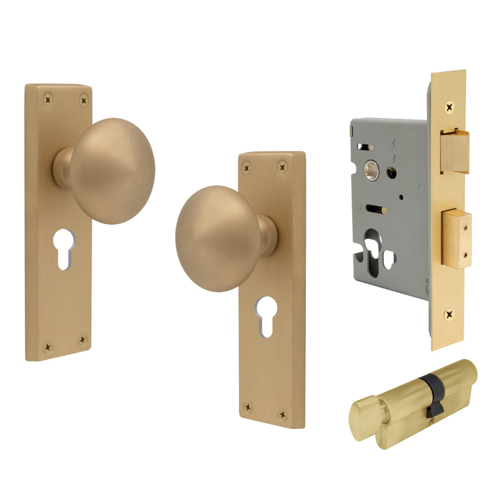 Victorian Knob Plate - Locking Euro in Matt Satin Brass