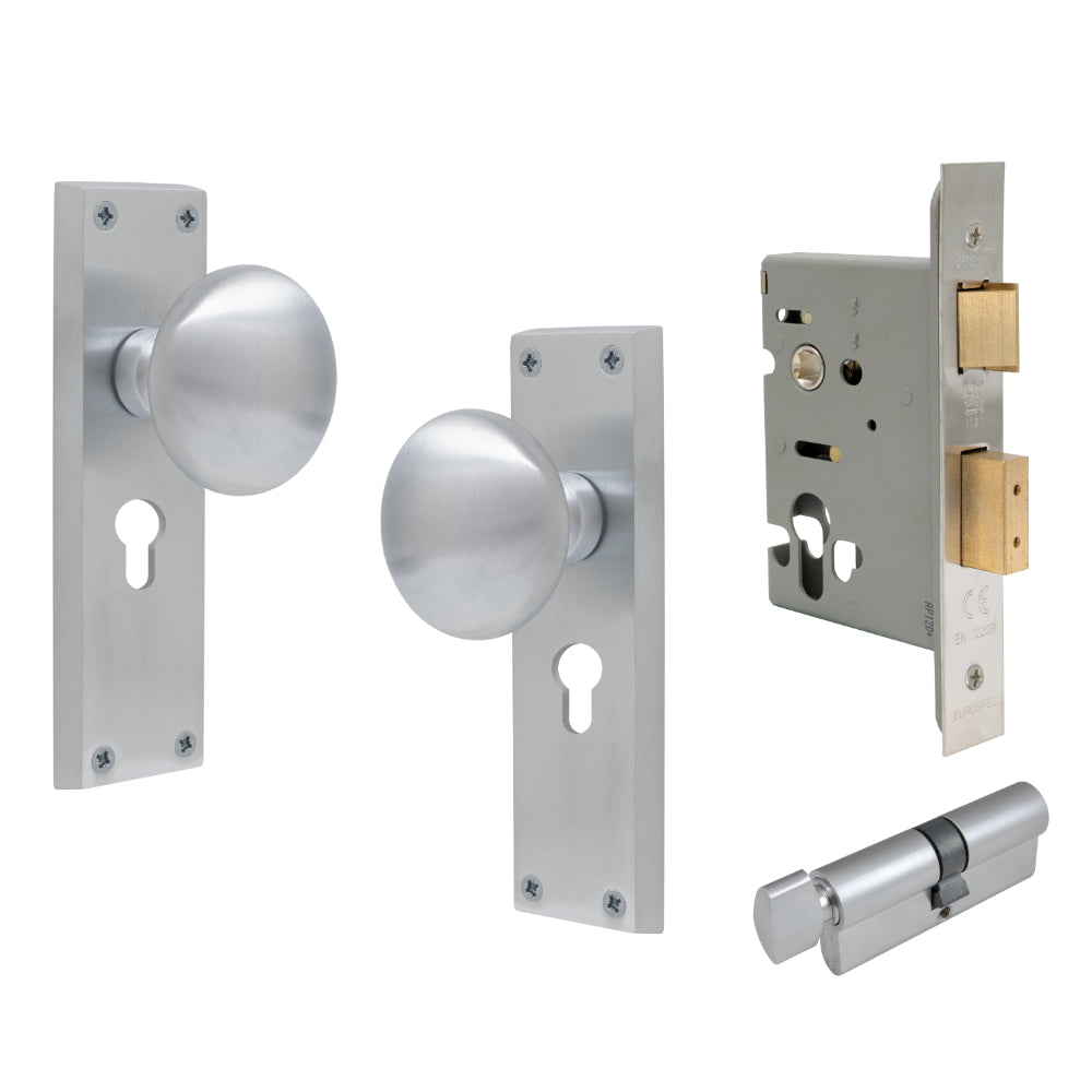 Victorian Knob Plate - Locking Euro in Satin Chrome