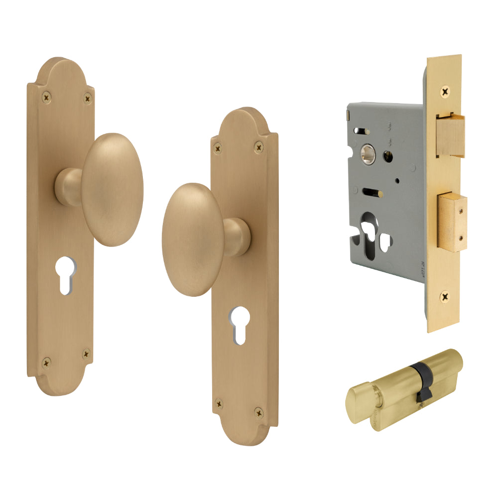 Oval Knob Plate Euro Locking in Matt Satin Brass