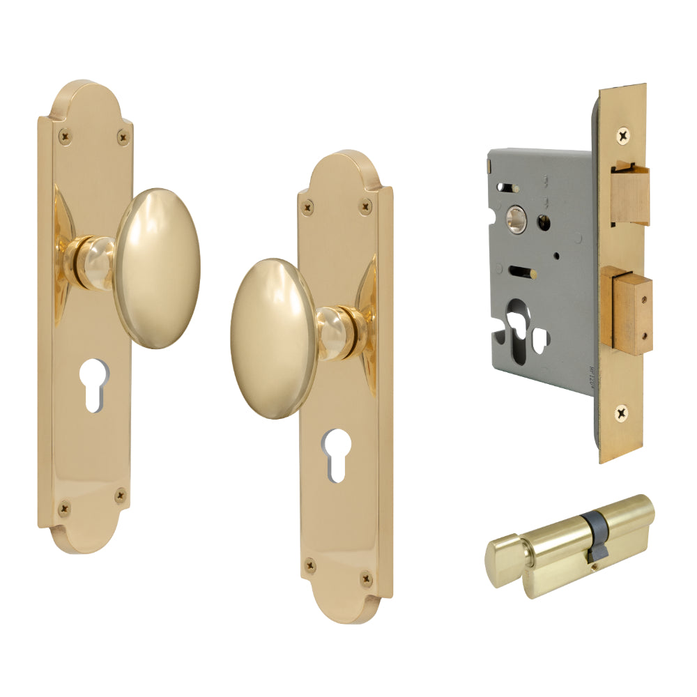 Oval Knob Plate Euro Locking in Polished Brass