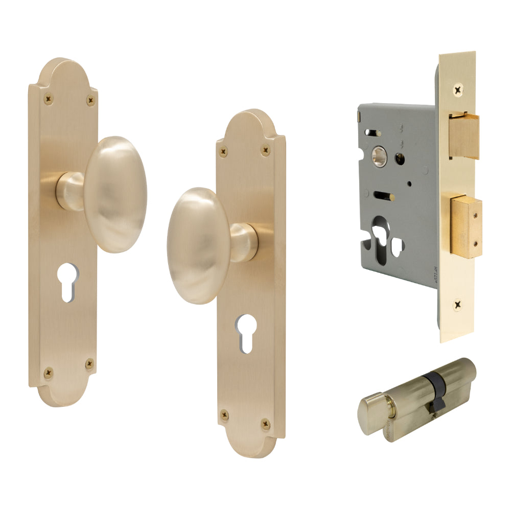 Oval Knob Plate Euro Locking in Unlacquered Satin Brass