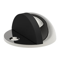 Style Finish Doorware dome door stop in polished stainless steel on a door threshold.