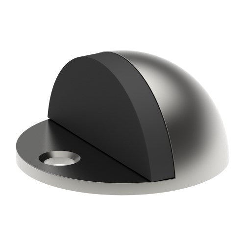 Stainless steel dome-shaped door stop by Style Finish Doorware mounted on a door base.