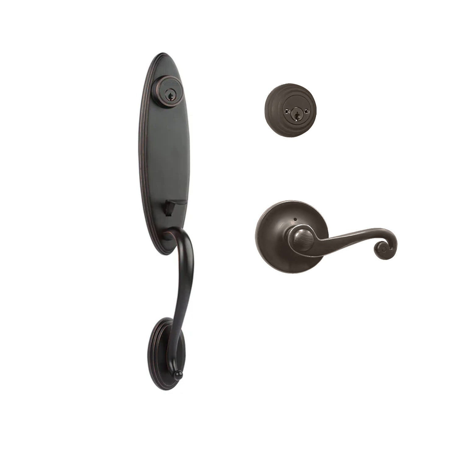 N2LOK Loire double cylinder entrance set with spiral lever handle, featuring polished brass finish on a door with keyholes and lock mechanism.