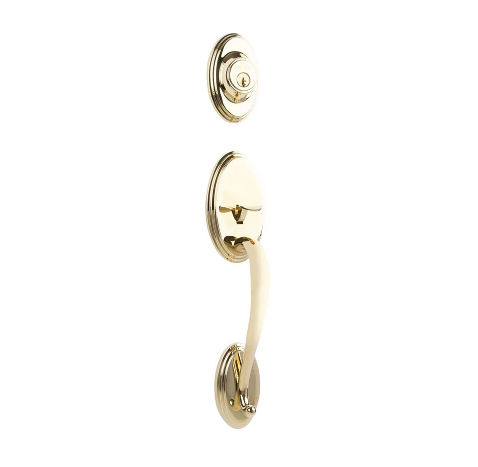 N2LOK Hardware double cylinder entrance set with spiral lever handle, brass finish, and secure key lock mechanism.