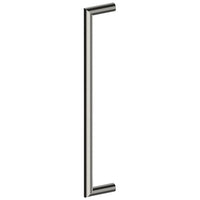 Stainless steel CETINA entrance pull handle by Style Finish Doorware, 25mm diameter, mounted on door with polished finish.