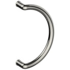 Stainless steel CURVE entrance pull handles, 32mm diameter, 350mm center-to-center, by Style Finish Doorware, mounted on door.