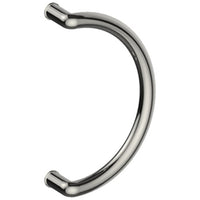 Stainless steel CURVE entrance pull handles, 32mm diameter, 350mm center-to-center, by Style Finish Doorware, mounted on door.