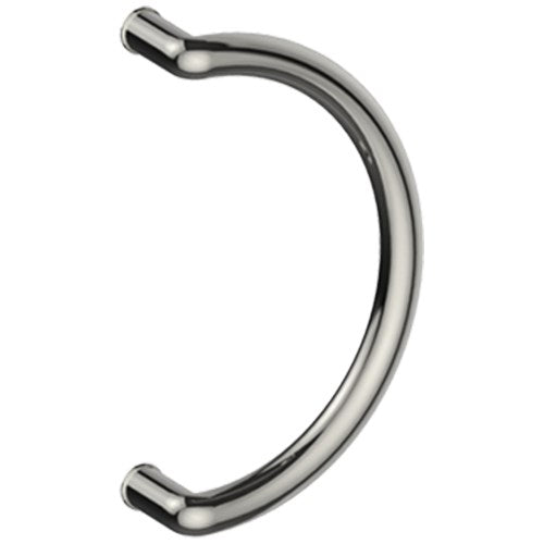 Stainless steel CURVE entrance pull handles, 32mm diameter, 350mm center-to-center, by Style Finish Doorware, mounted on door.