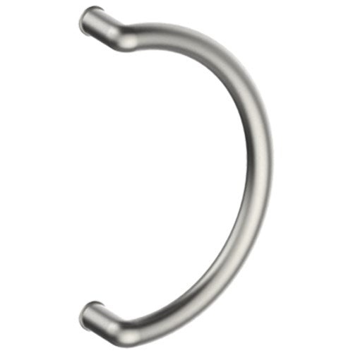 Stainless steel CURVE entrance pull handles, 32mm diameter and 350mm center-to-center, by Style Finish Doorware.